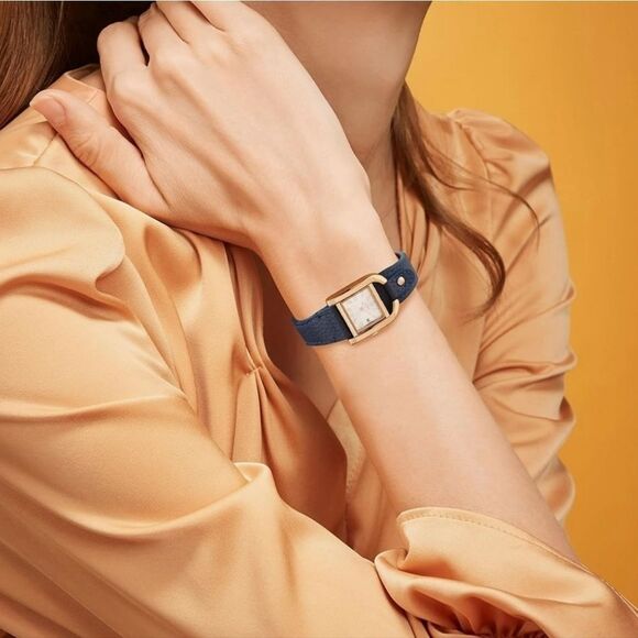 ?⏭️NIB Blue Leather Strap Horseshoe Shaped Square Case Quartz Watch main image 14